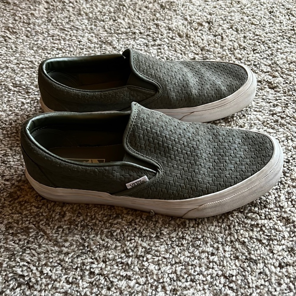 Vans green leather slip ons